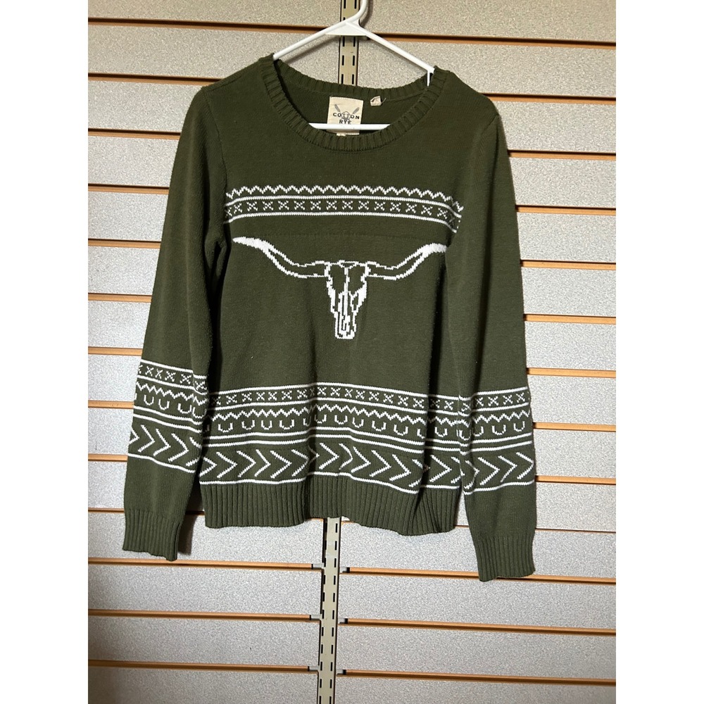 Cotton Rye Outfitters Olive Green Steer Skull Western Knit Sweater Small